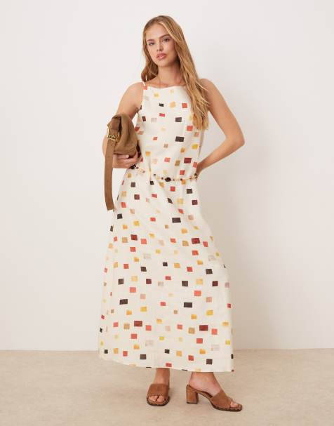 VRG GRL – Elma – Flerfärgad, kakelmönstrad midiklänning i linnetyg med skärp - view 1