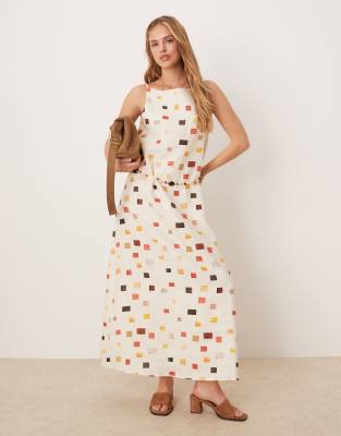 VRG GRL - Elma - Midikleid aus Leinen mit buntem Kachelmuster und Bindegürtel