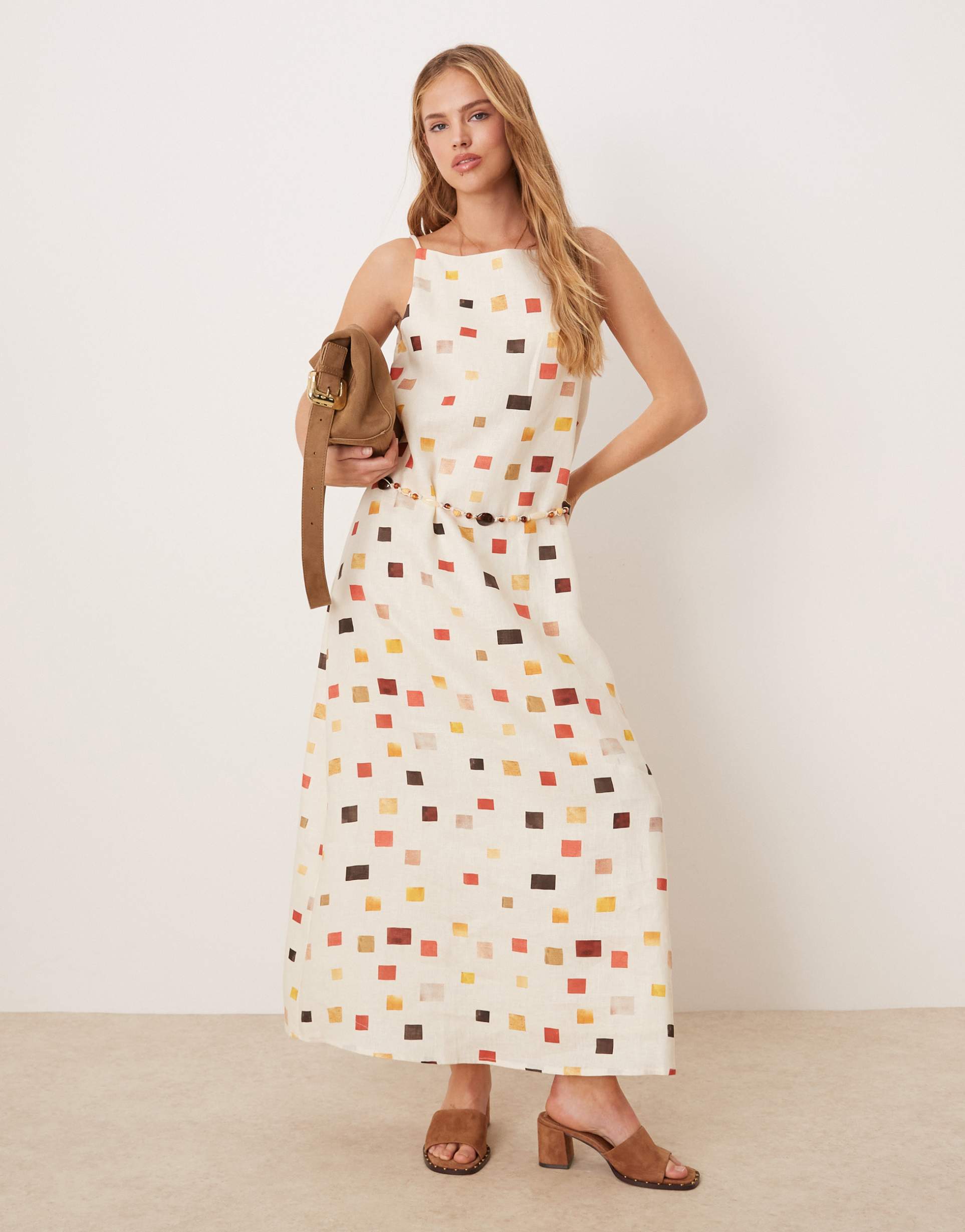 vrg grl elma tile print belted linen midi dress in multi