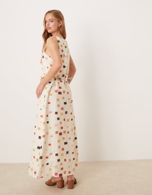 VRG GRL ELMA TILE PRINT BELTED LINEN MIDI DRESS 