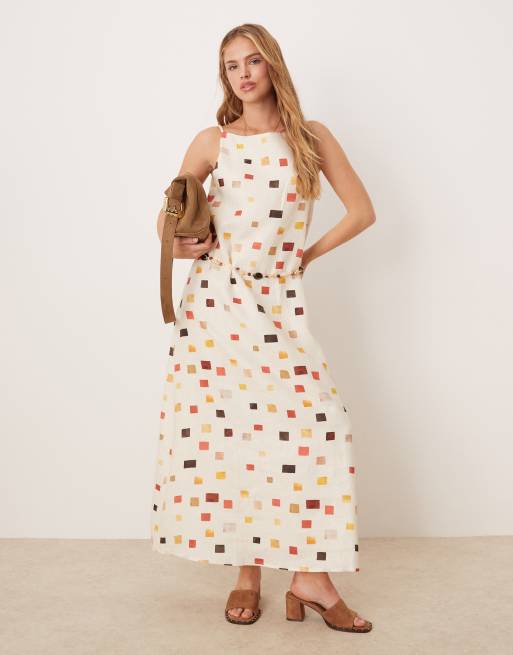 VRG GRL - Elma - Vestito midi in lino con stampa fantasia multicolore e cintura