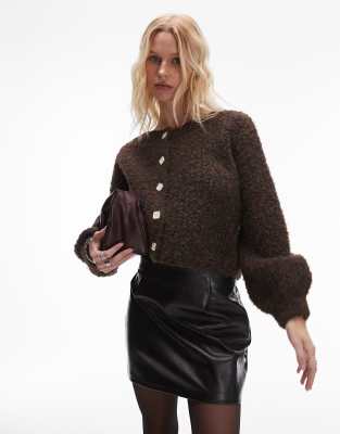 Vrg Grl Elsie Fluffy Cardigan In Chocolate-green