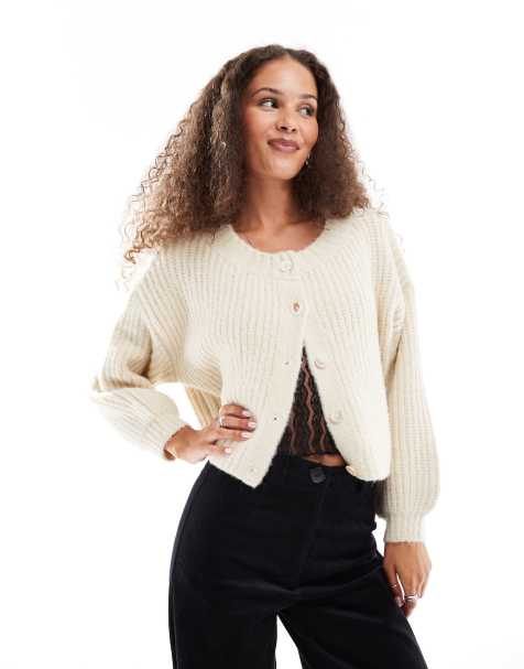 VRG GRL elsie fluffy ribbed knitted cardigan in cream - view 1