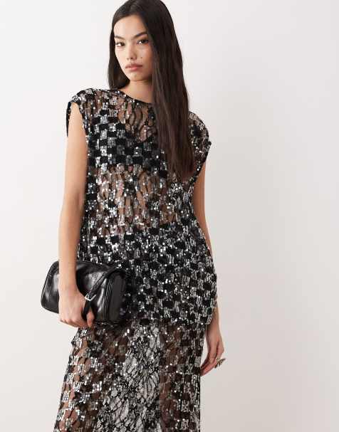 VRG GRL embellished short sleeve mesh top in black - view 1