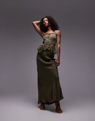 VRG GRL ena bias cut maxi skirt co-ord in green - view 1