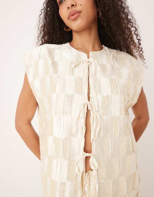 VRG GRL enni tie-front plisse smock tank top in cream - part of a set, 3 of 4