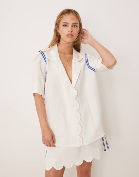VRG GRL gigi scallop edge linen shirt co-ord in white