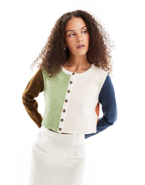 VRG GRL Harlyn spliced panel shrunken cardigan in multi - view 1