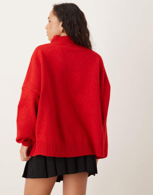 VRG GRL high collared long sleeve jumper in red, 3 of 4