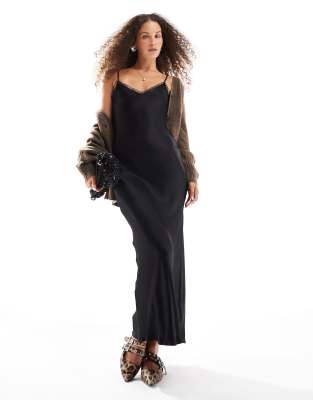 isle of paradise bias cut satin maxi dress in black