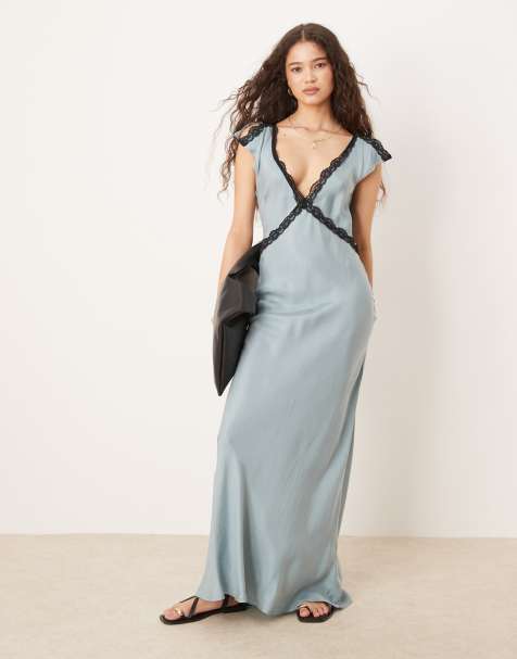 VRG GRL ivy bias cut lace edge maxi dress in steel blue