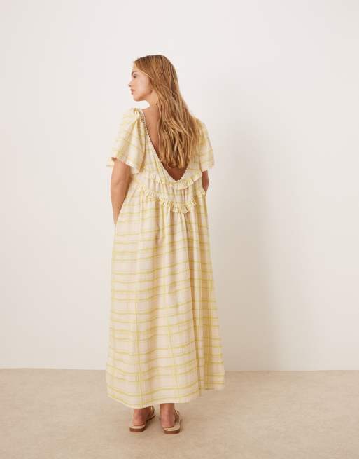 VRG GRL - la prairie - Gesmokte midi jurk met ruit in lichtgeel, 2 van 4