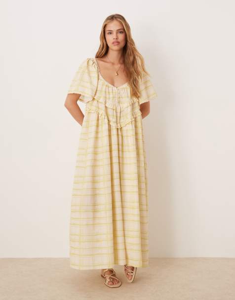 VRG GRL – La Prairie – Midi-Hängerkleid in Buttergelb mit Karomuster - view 1