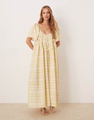 la prairie plaid print midi smock dress in butter yellow