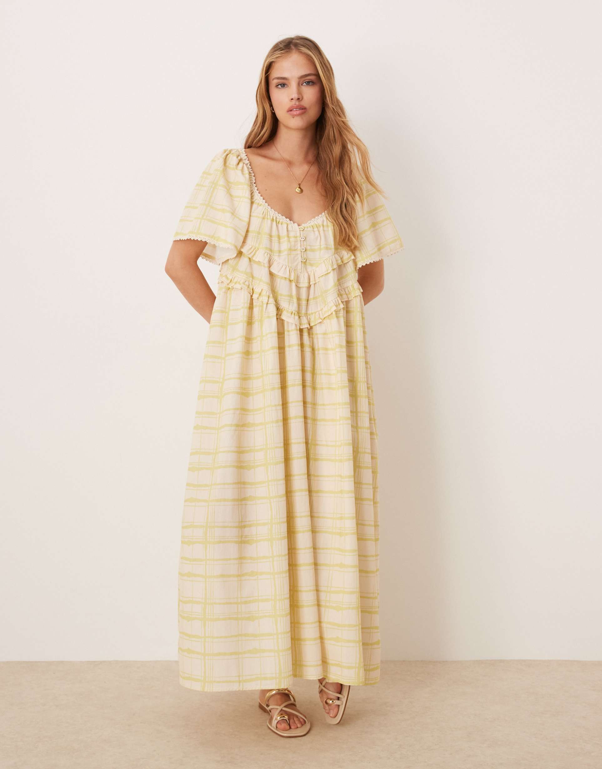 vrg grl la prairie plaid print midi smock dress in butter yellow