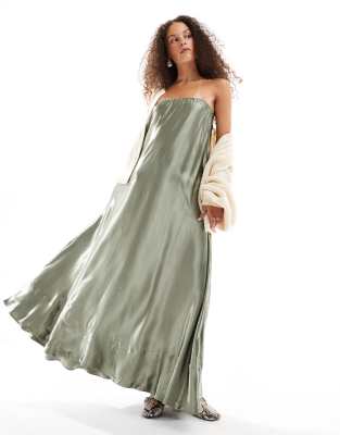 VRG GRL lenni satin bandeau maxi dress in olive-Green