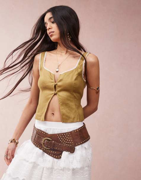 VRG GRL - Love Language - Top en lin d'ensemble avec boutonnage sur le devant - Olive - view 1
