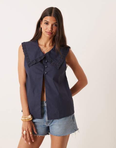 VRG GRL Mae collar detail short sleeve blouse in navy - view 1