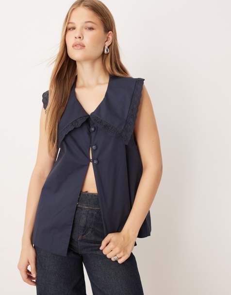 VRG GRL mae collar detail short sleeve blouse in navy