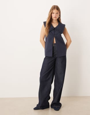 Vrg Grl Mae Collar Detail Short Sleeve Blouse In Blue