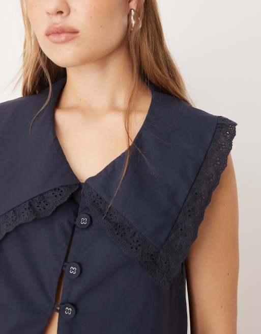 VRG GRL Mae collar detail short sleeve blouse in navy | ASOS