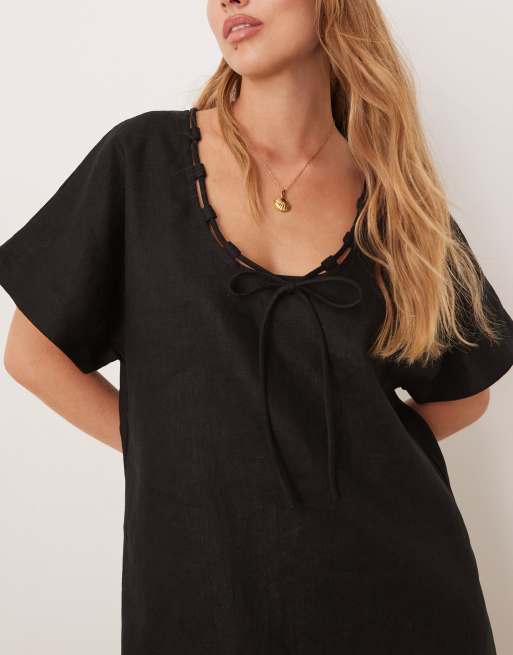 VRG GRL nellie linen mini smock dress in black