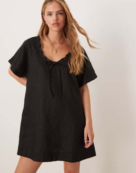 VRG GRL – Nellie – Mini-Hängerkleid aus Leinen in Schwarz - view 1