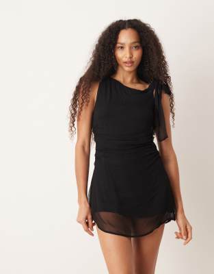 Vrg Grl Off The Shoulder Tie Detail Mesh Mini Dress In Black