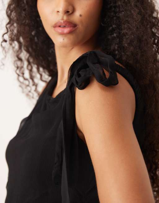 VRG GRL off the shoulder tie detail mesh mini dress in black, 4 of 4