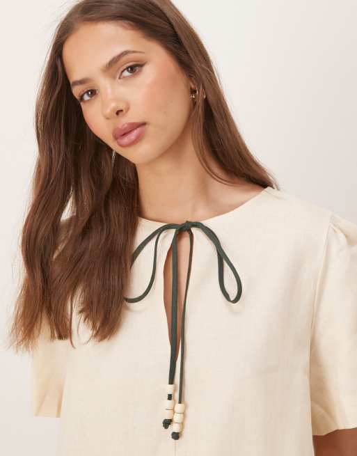 VRG GRL olsen puff sleeve tie detail mini dress in cream, 4 of 4