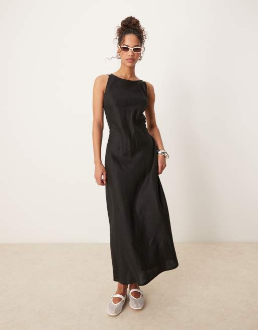 VRG GRL – Opal – Czarna lniana sukienka maxi bez rękawów, 3 z 4