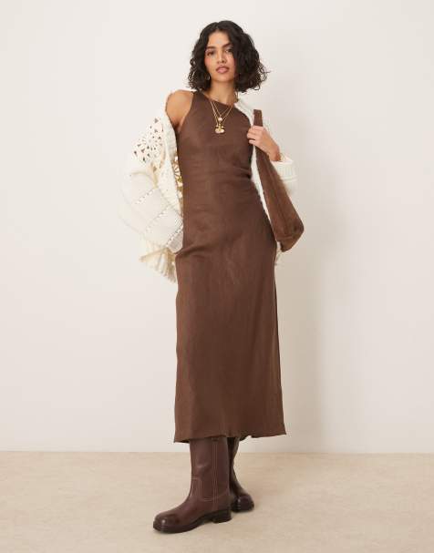 VRG GRL - Opal - Vestito lungo senza maniche in lino marrone - view 1