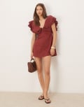 [Vrg Grl] VRG GRL party nights frill detail linen mini dress in burgundy-Red 16 BURGUNDY
