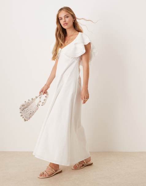 VRG GRL - Party Nights - Robe mi-longue en lin à détail volanté - Blanc - view 1