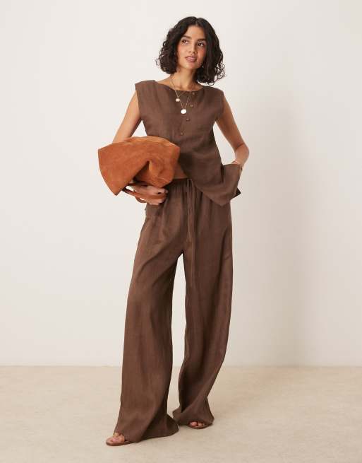 VRG GRL - Raya - Pantaloni in lino color cioccolato in coordinato