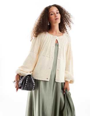 riley textured knitted cardigan in cream-White