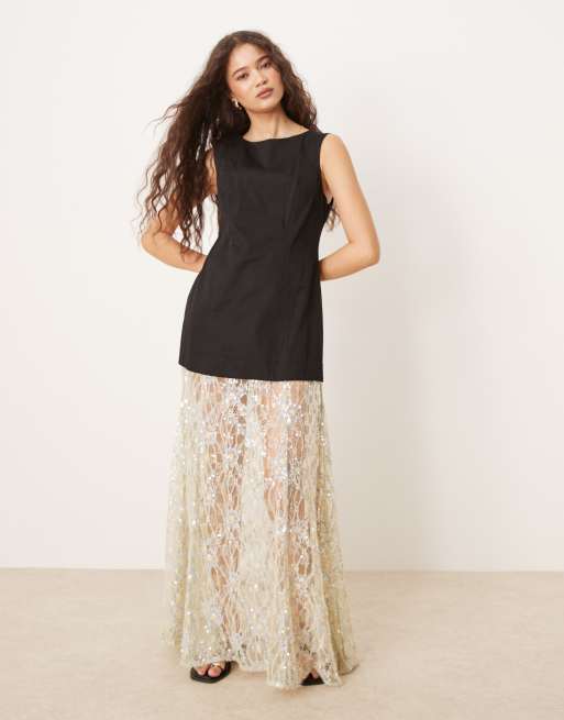 VRG GRL - Robbie - Maxi jurk met paillettenrok in zwart en zilver