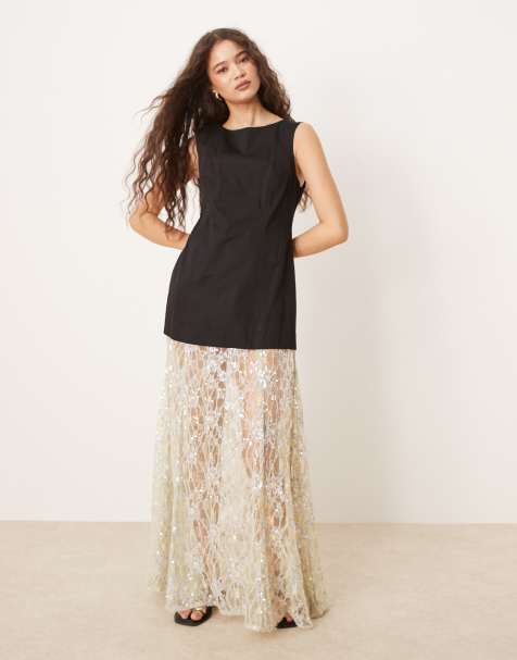 VRG GRL robbie sequin skirt maxi dress in black and silver