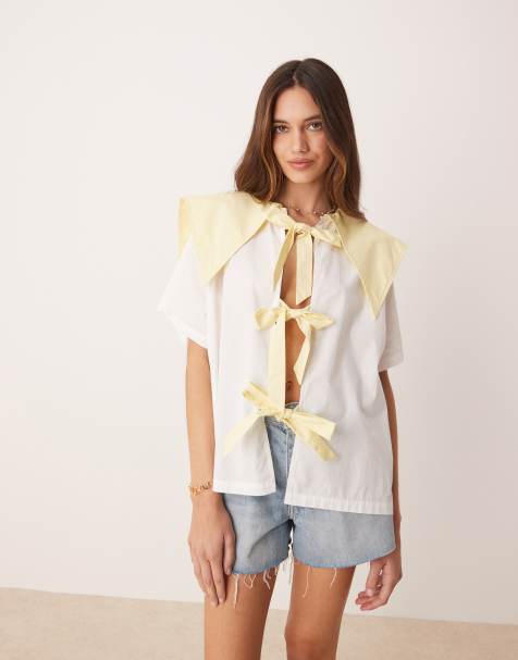 VRG GRL romy tie-detail smock blouse in white and lemon - view 1