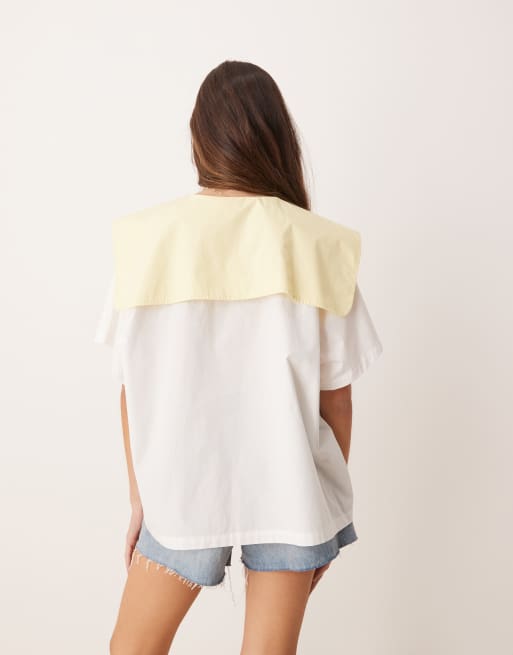 VRG GRL romy tie-detail smock blouse in white and lemon