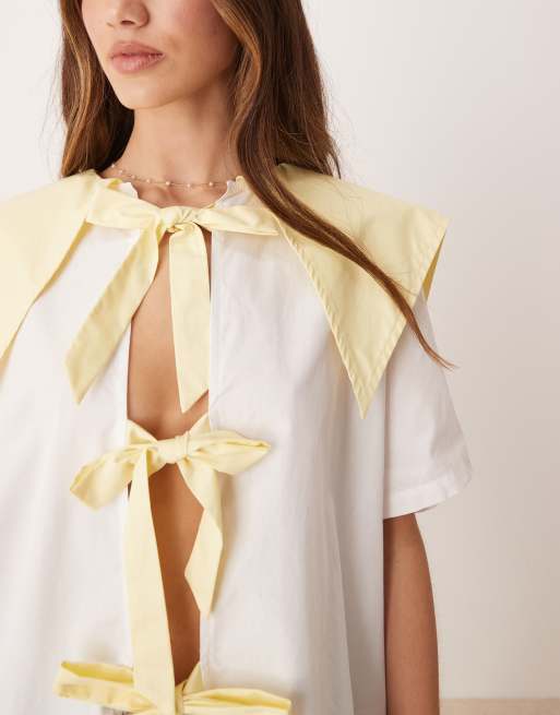 VRG GRL romy tie-detail smock blouse in white and lemon