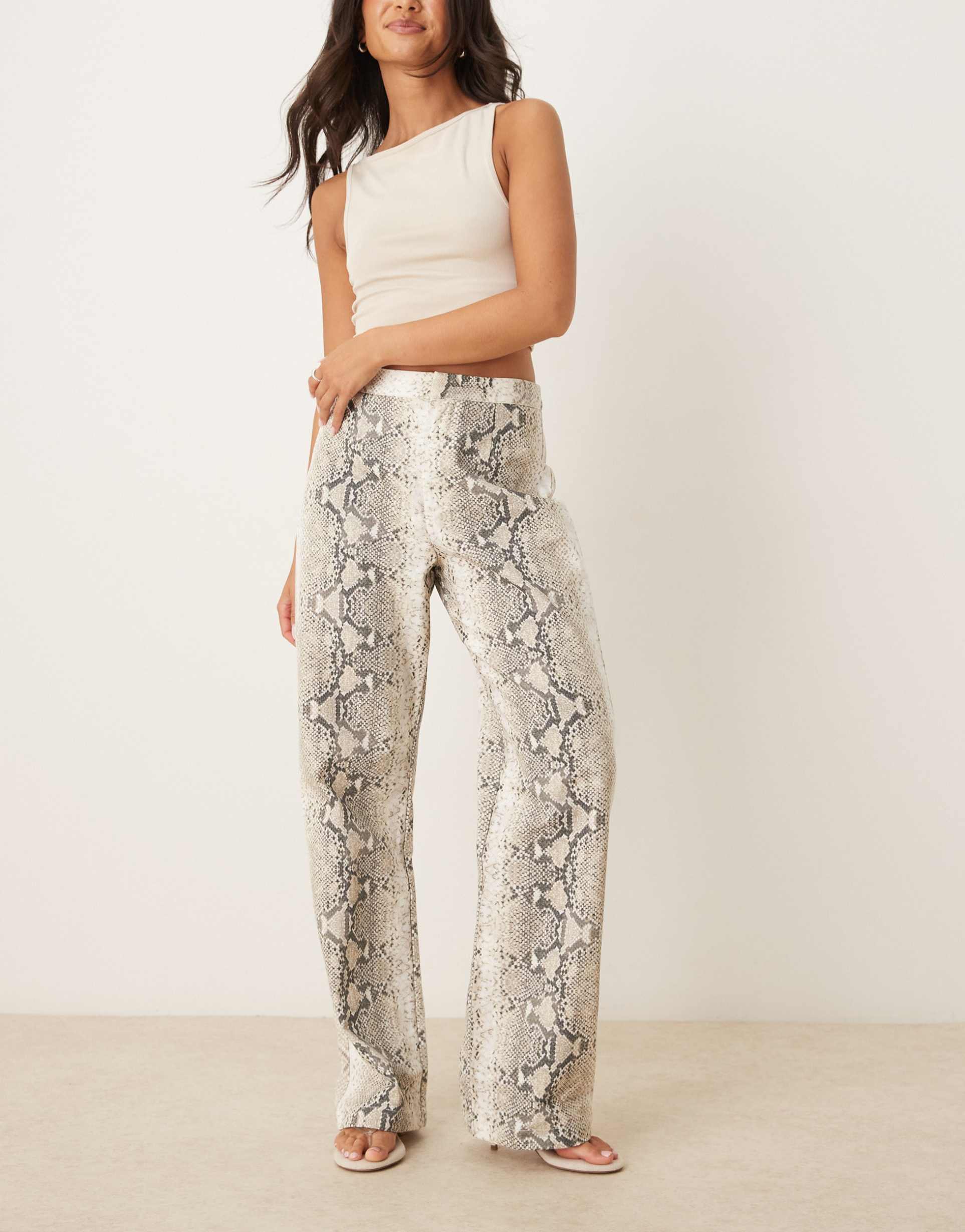 vrg grl rue snake print wide leg denim pants in neutral