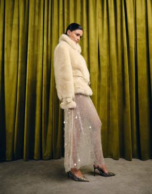 Vrg Grl Short Sleeve Sequined Mesh Midaxi Dress In Neutral