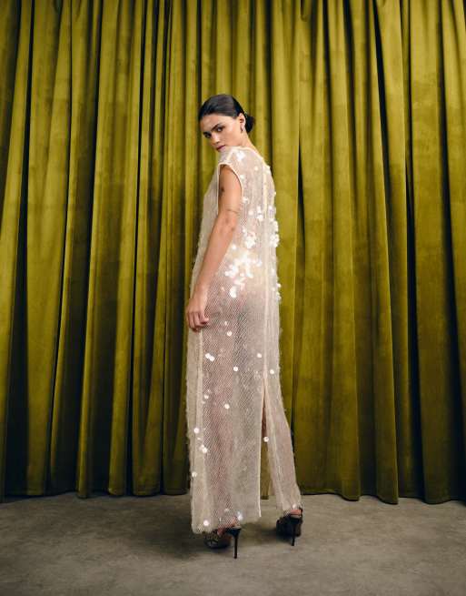 VRG GRL short sleeve sequined midaxi mesh dress in beige