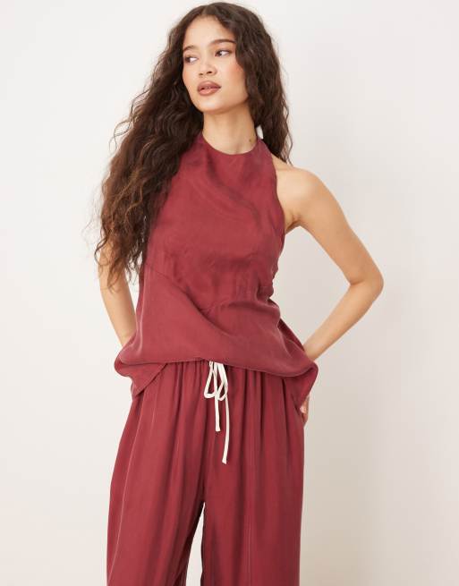 VRG GRL sierra tie-detail halter top co-ord in burgundy, 3 of 4