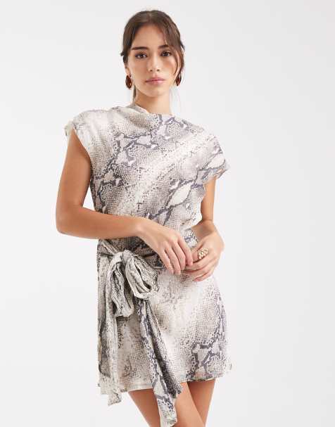 VRG GRL snake print tie detail dress in neutral