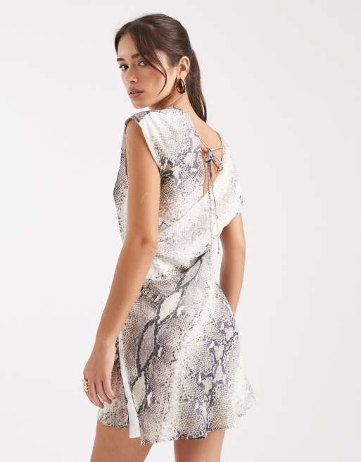 VRG GRL snake print tie detail dress in neutral, 3 of 4