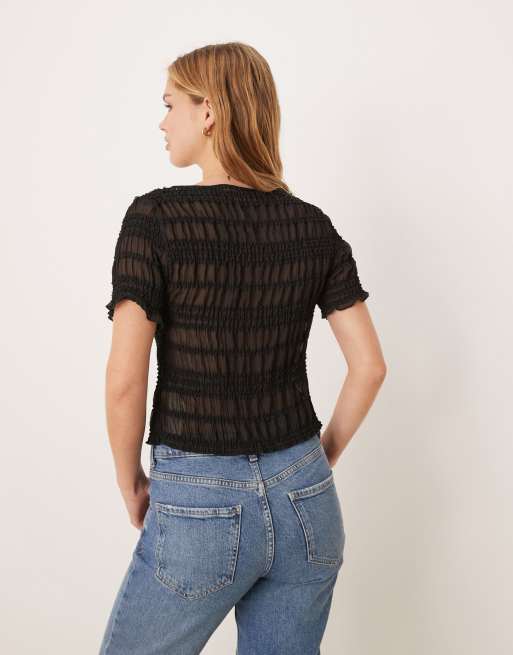 VRG GRL sofia shirred detail t-shirt top in black, 2 of 4