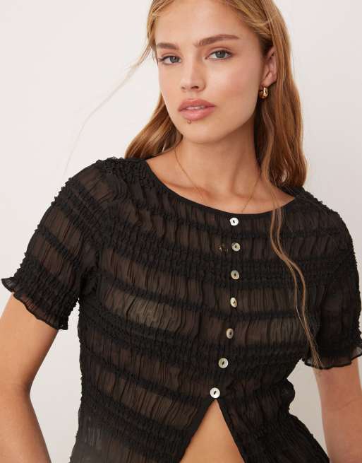 VRG GRL sofia shirred detail t-shirt top in black, 4 of 4