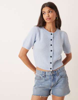 tessa puff sleeve cardigan in powder blue